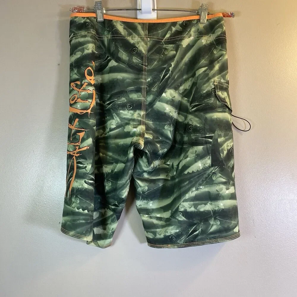 SALT LIFE Men Board Shorts 32 Vapor Stretch SLX-QD Cargo Pocket Fish Print Camo